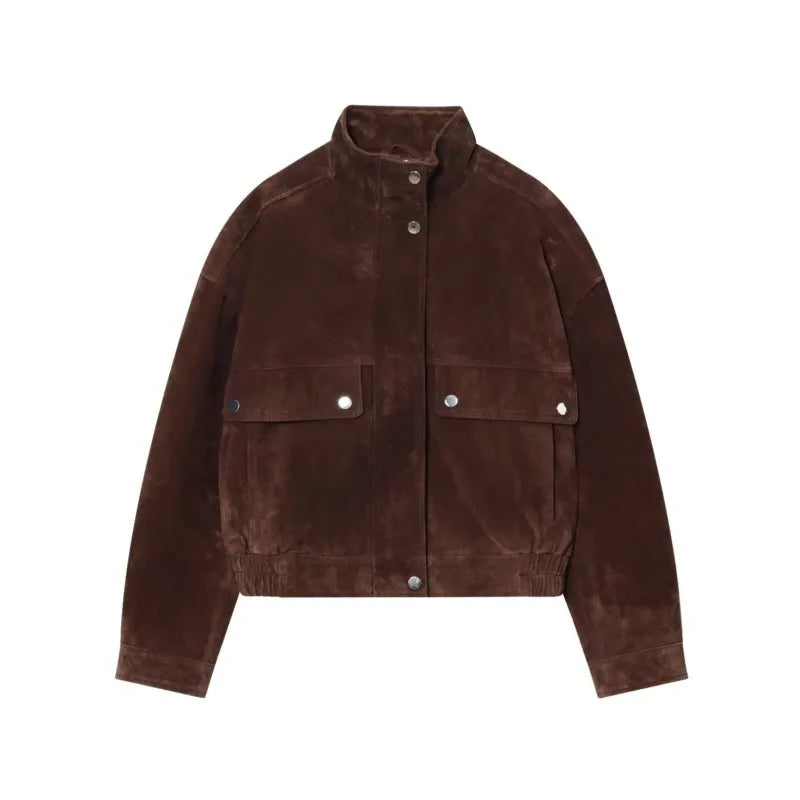 Women Suede Leather Jacket with Pockets Autumn Fashion High Collar Long Sleeve Button Jacket Lady Coats Causal Female Chic Tops