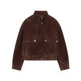 Women Suede Leather Jacket with Pockets Autumn Fashion High Collar Long Sleeve Button Jacket Lady Coats Causal Female Chic Tops