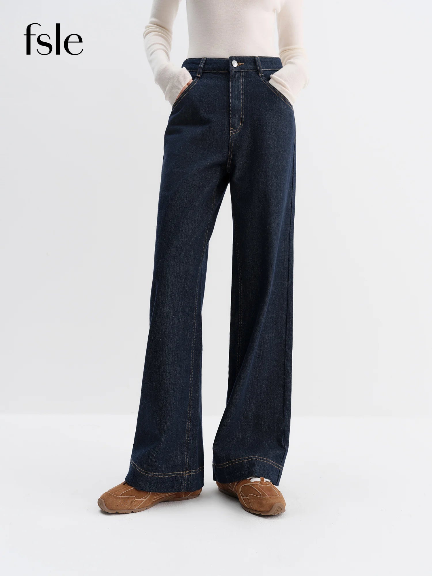 FSLE Straight High Waist Jeans for Women Winter Solid Simple All-match 2025 New Long and Short Versatile Pants Korean Style