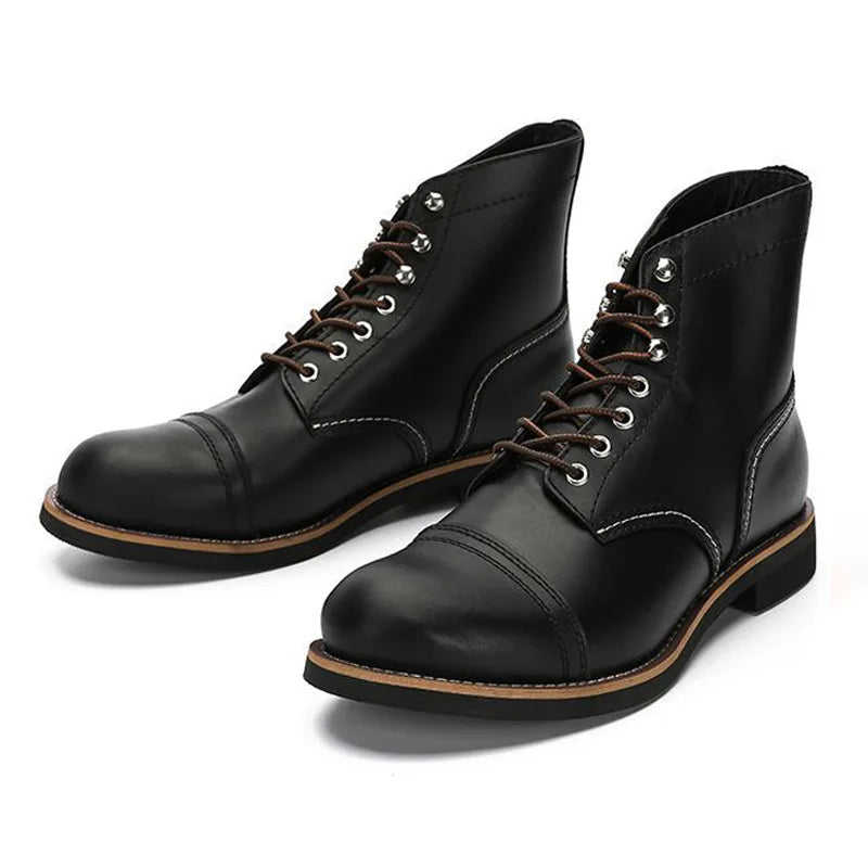KOWM Hiking shoes men's walking boots British cowhide high top motorcycle boots ankle casual sneakers trekking shoes thick soled