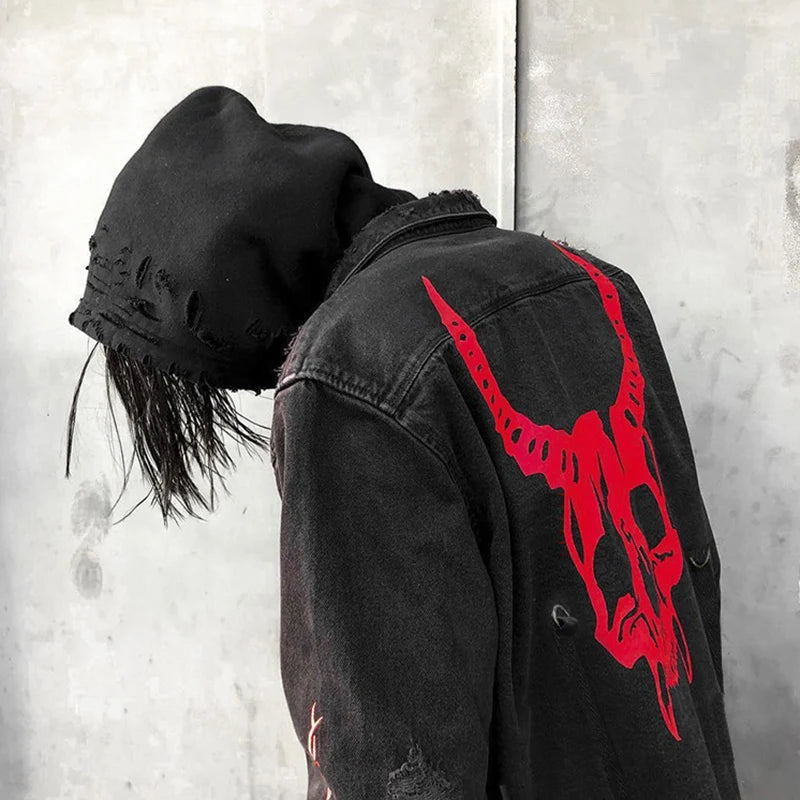 Skull Printing Denim Jacket Mens Harajuku Gothic Coats Vintage Halloween Clothes Spring Autumn Lightweight High Street Jacket