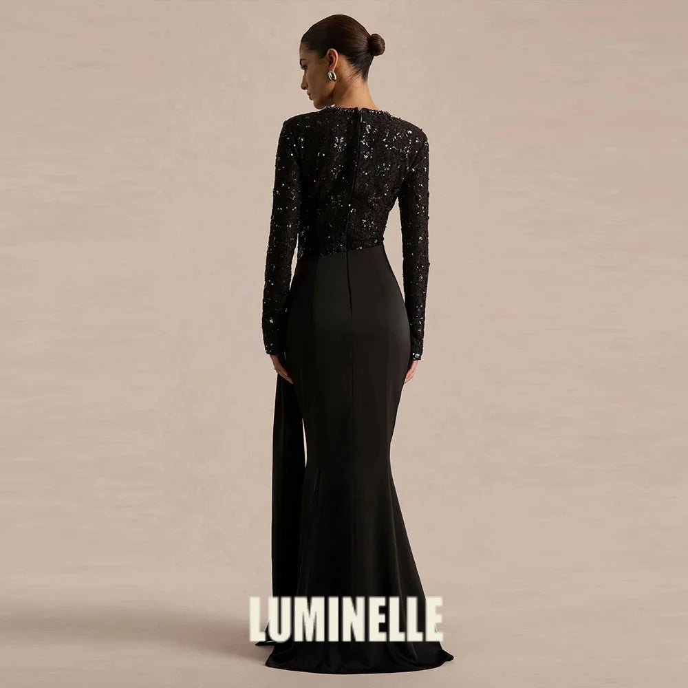 Satin Lace Sequin Evening Gown – Floor-Length Formal Dress