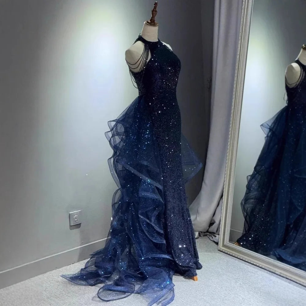 Elegant Sparkling Halter Evening Gown with Beading & Sweep Train