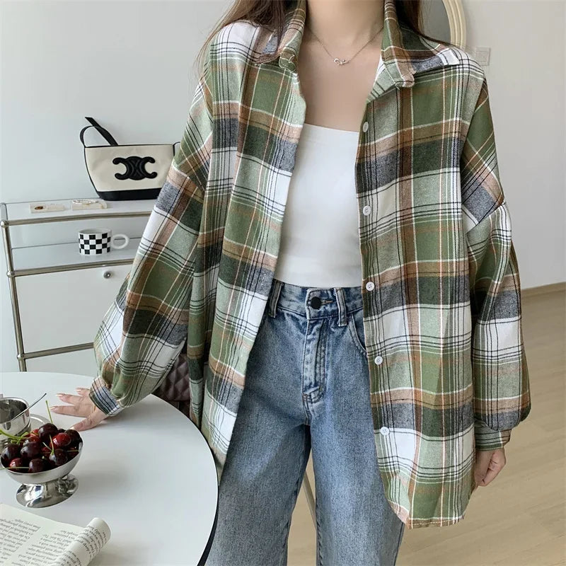 Vintage Plaid Long-Sleeve Blouse