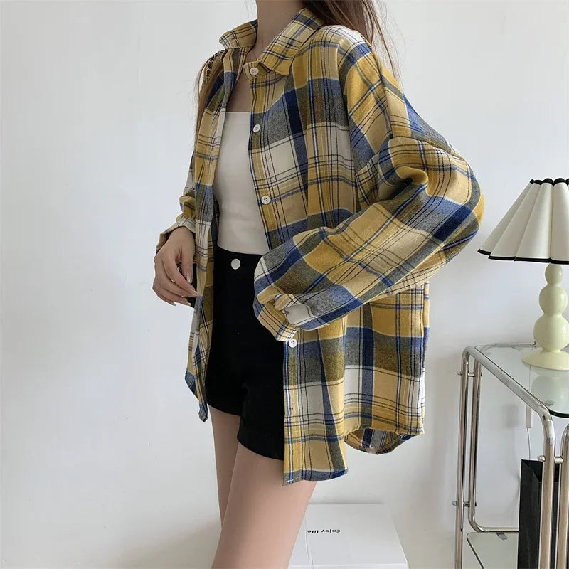 Vintage Plaid Long-Sleeve Blouse