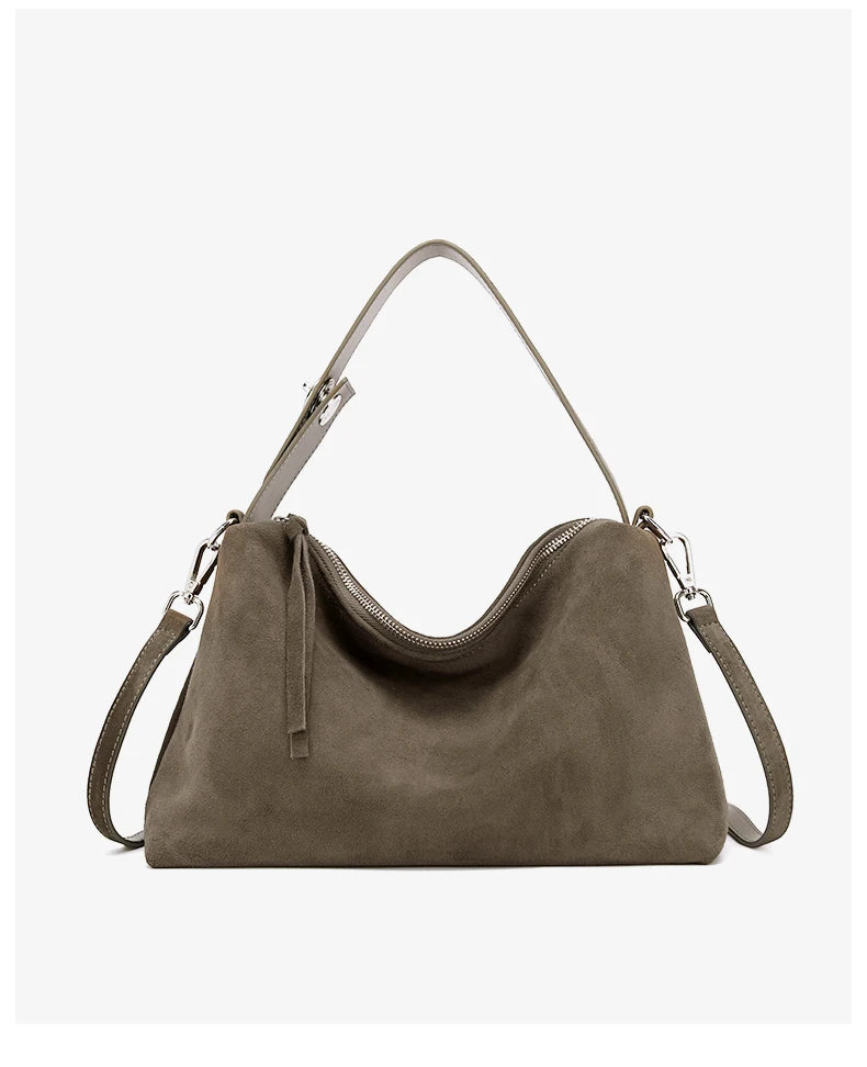Russian Women's Genuine Suede Cowhide Leather Shoulder Bag Retro Frosted Cow Large Capacity Versatile Commuting Luxury Designer