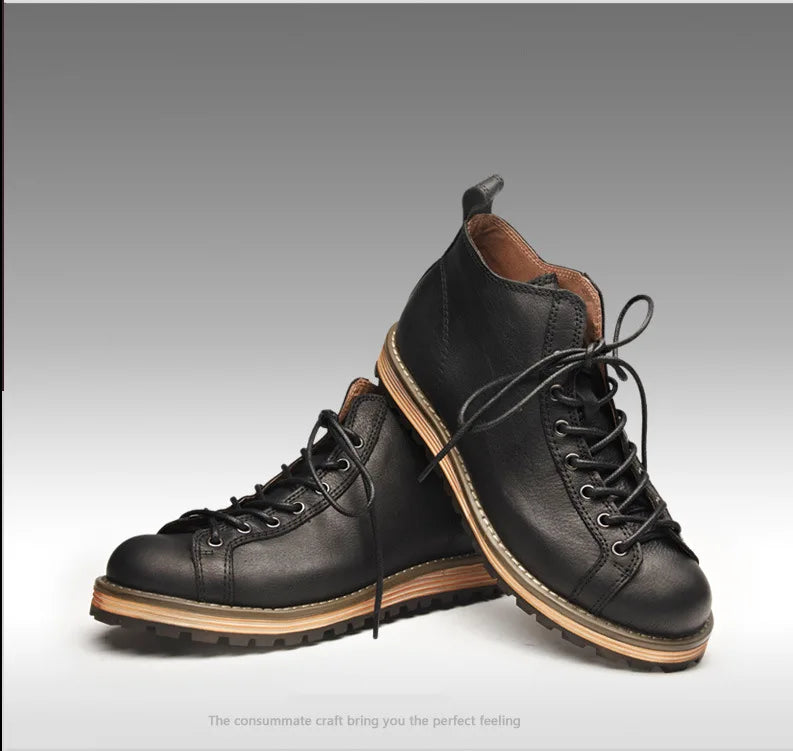 KOWM Hiking shoes men's walking boots British thick soled cowhide high top motorcycle boots ankle sneakers  casual trekking shoe