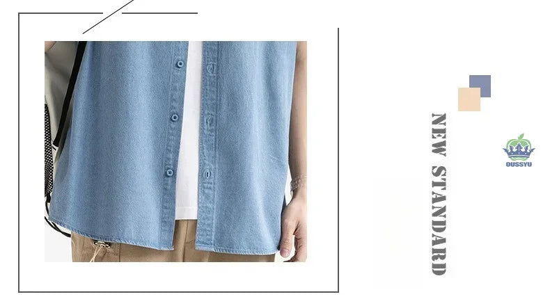 Men's Denim Shirt Long Sleeve Casual Outerwear Youth 2026 Fashion Streetwear Light Blue Button Up Top with Pockets Jeans Shirt