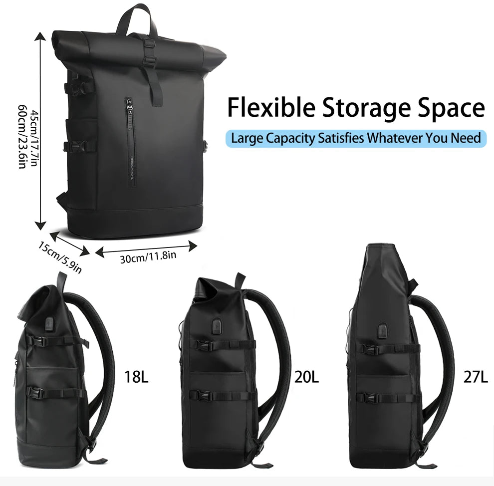 Heroic Knight Men's Backpack Waterproof Roll Top Backpack Women Travel Expandable USB Charging Large Capacity Laptop Bag Mochila