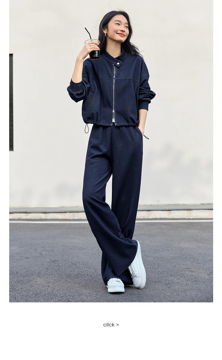 VIMLY 2 Piece Pant Set Woman Casual Outfits Women's Pant Suit 2026 Blue Stand-up Collar Jacket and Trouser Female Clothing A0119