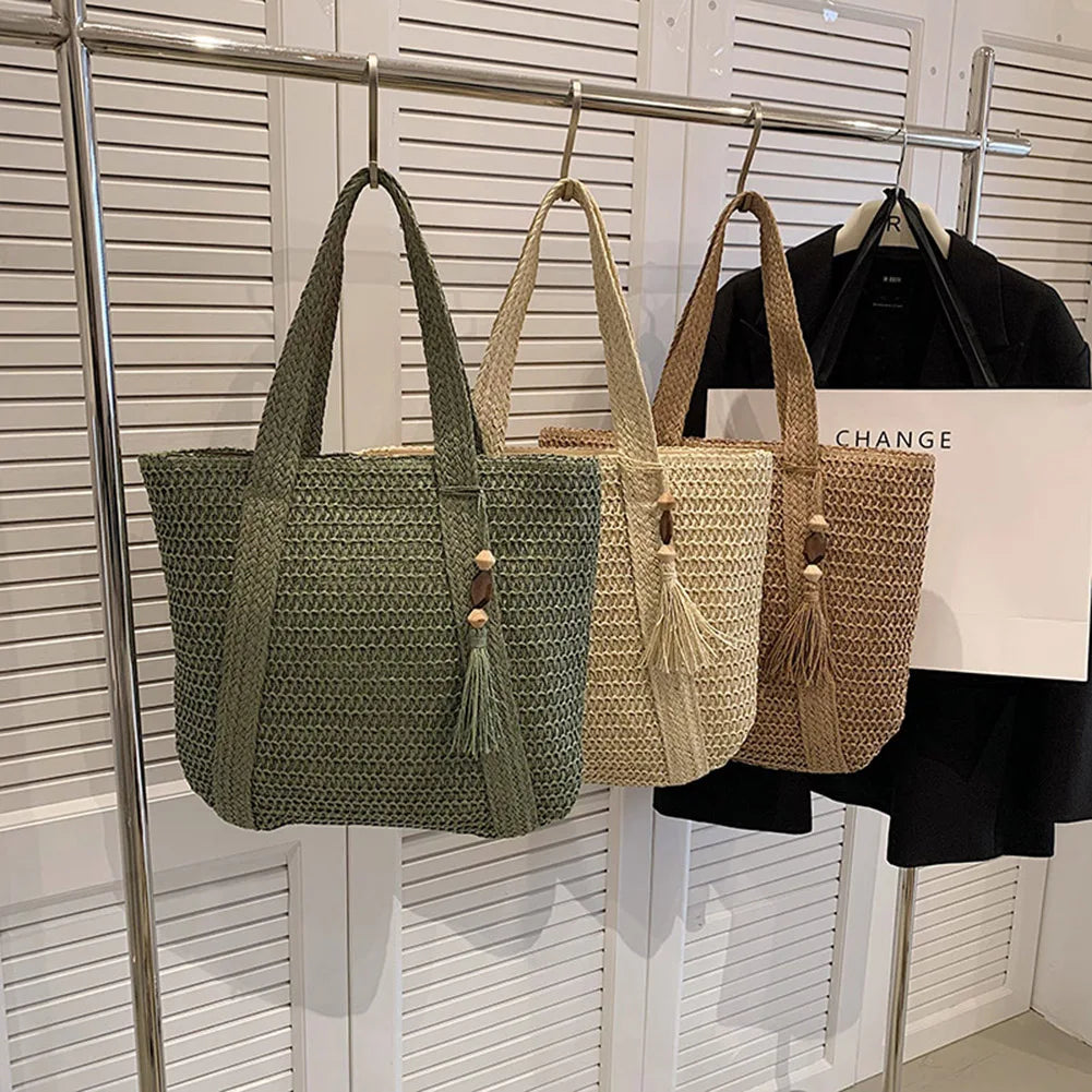 Woven Handbags Ladies Summer Woven Totes Bag with Tassel Women Shoulder Bag Large Capacity Fashion Straw Female Shopper Bag