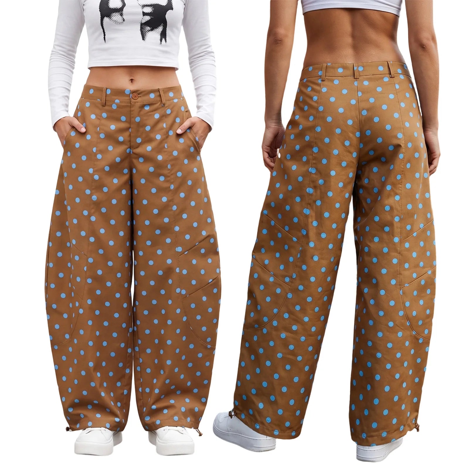 Fashion Women Barrel Jeans Dot Print Loose Denim Pants Spring Casual Baggy Trousers Fashion Wide-Leg Pants