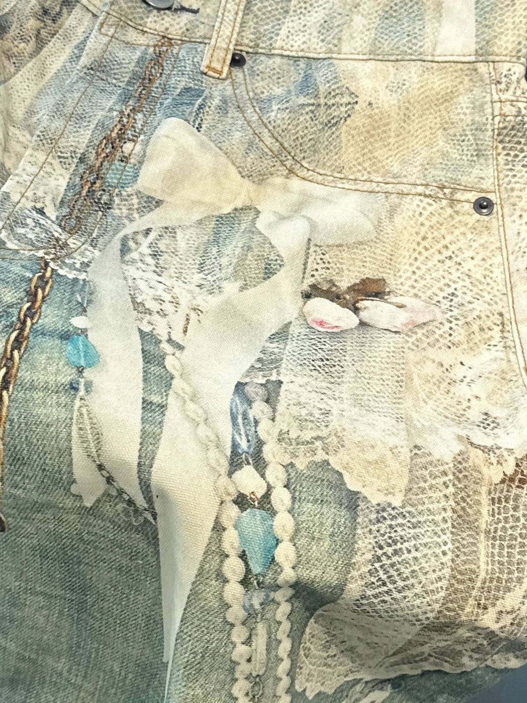 3D Pearl Chain Trompe L'Oeil Straight-Leg Jeans