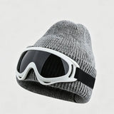 winter Fuzzy White Knitted Beanie Hat with Glasses Outdoor Winter Skiing Windproof Thermal Skullies Bonnet Ski Goggles Decor