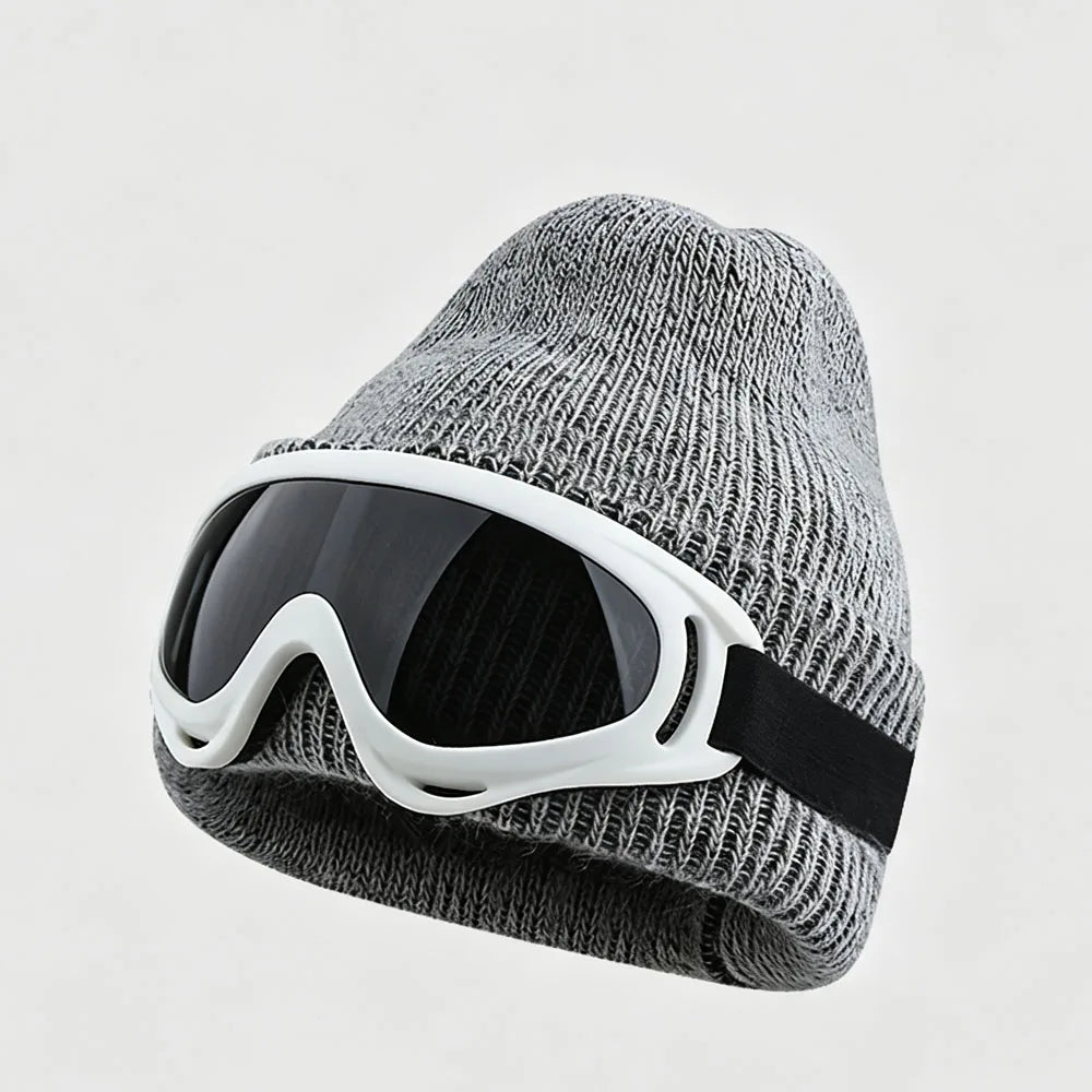 winter Fuzzy White Knitted Beanie Hat with Glasses Outdoor Winter Skiing Windproof Thermal Skullies Bonnet Ski Goggles Decor