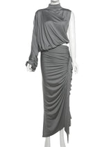 SIsterlinda Unique Irregular Women 2 Piece Set Solid Swinging Pleated Single Full Sleeve Turtleneck Tops+Matching Split Skirts