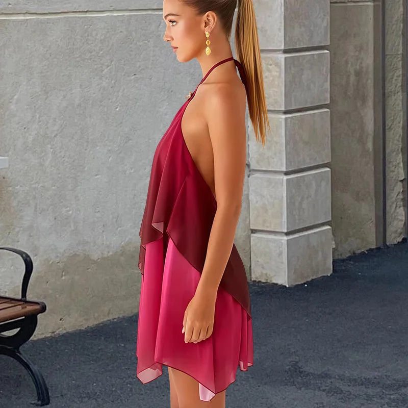 Women's Gradient Halter Backless Mini Dress – Elegant Mesh Off-Shoulder Party Gown