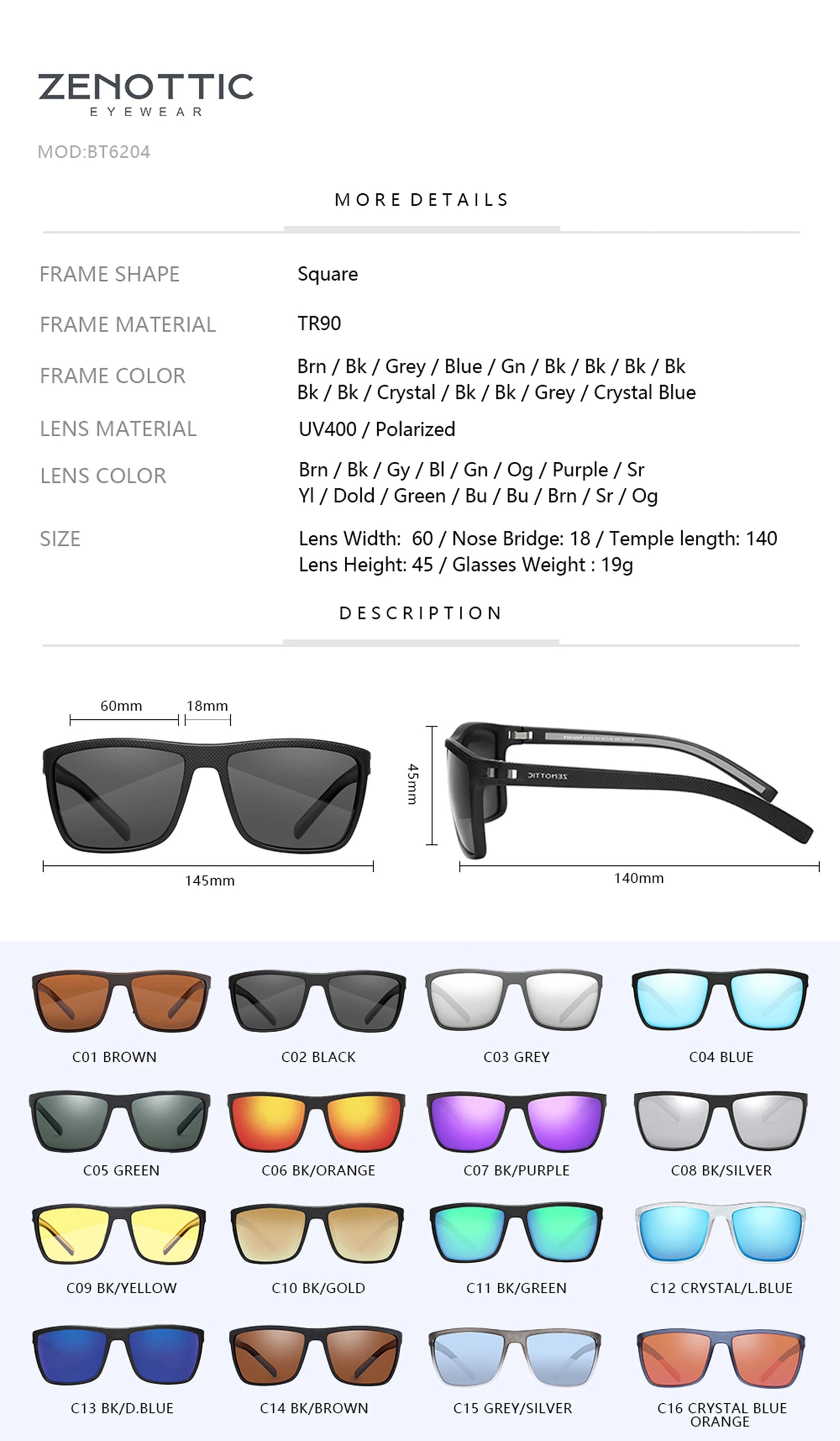 ZENOTTIC Polarized Square Sunglasses for Women & Men
