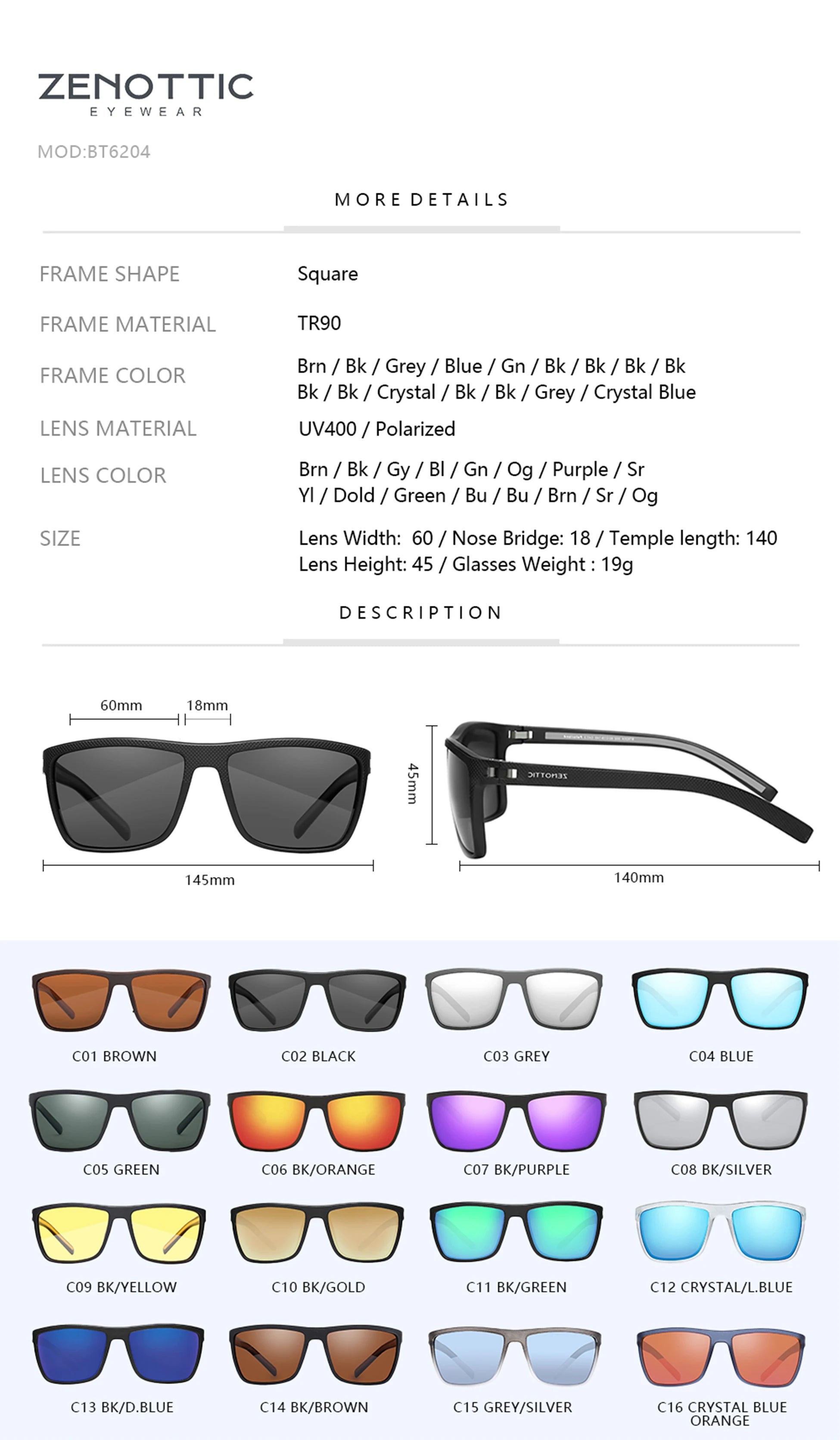ZENOTTIC Polarized Square Sunglasses for Women & Men