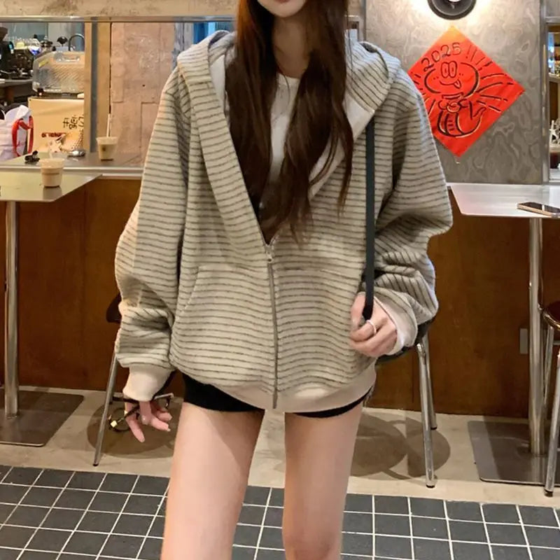 Y2K Vintage Zipper Hoodie Women Long Sleeve Subculture Purple Stripe Priint Harajuku Style Autumn Spting Casual Tops Streetwear