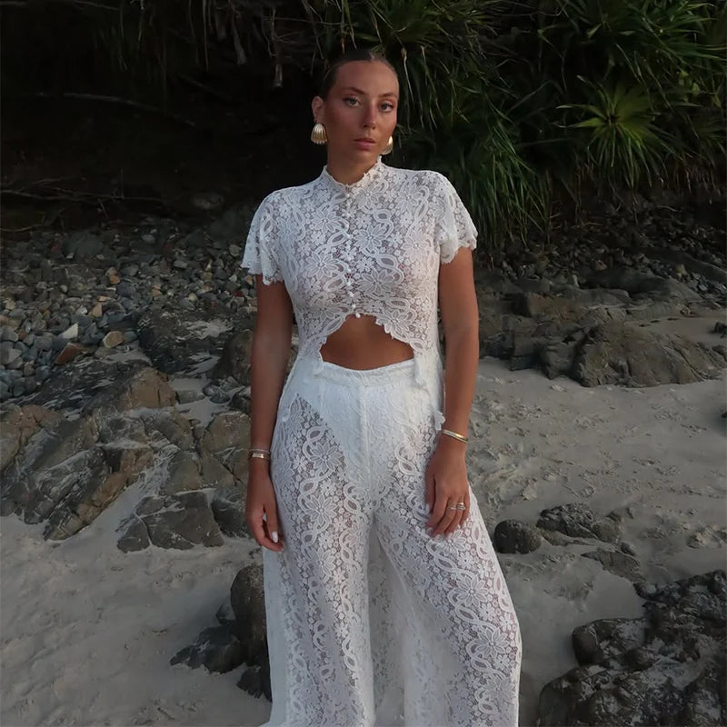 Women Pant Set Stand Collar Lace Sheer Sleeveless Split Front Top Wide Leg Solid Pant Casual Elegant Two Piece Set For Ladies