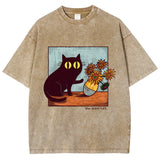 Cartoon Kitten Chrysanthemum Vase Print T-Shirt Round Neck Washed Shoulder Designer 2025 New Trendy Fashion Short Sleeves