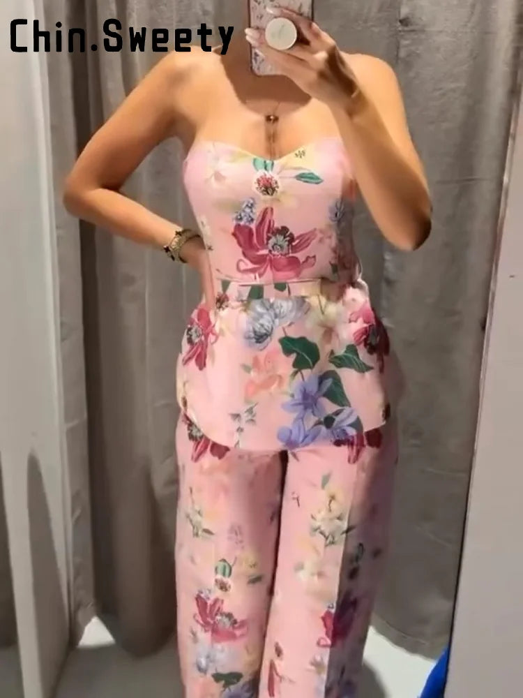 Floral Strapless Vest & Straight-Leg Trouser Set