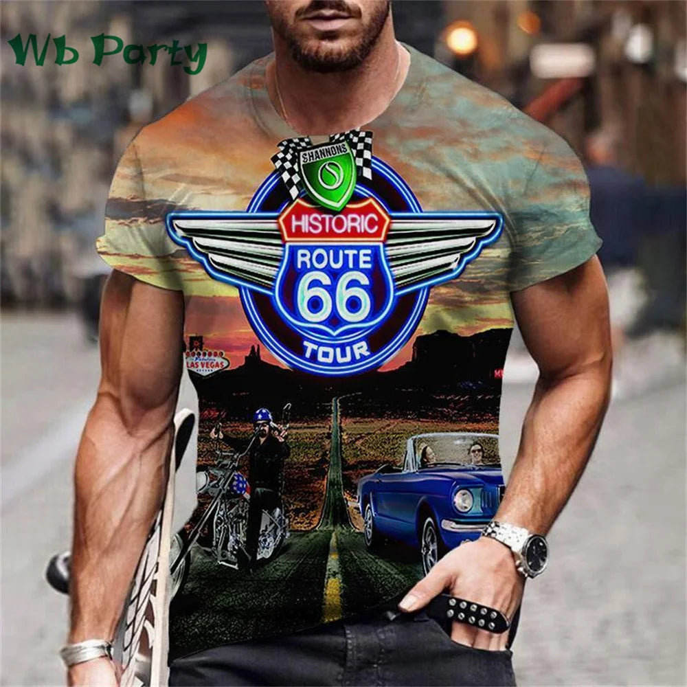 Vintage Route 66 Biker Print Men's Graphic Tee