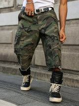 Men's summer denim shorts. Camouflage cargo pants. Multi - pocket design. Street fashion trend. Daily leisure