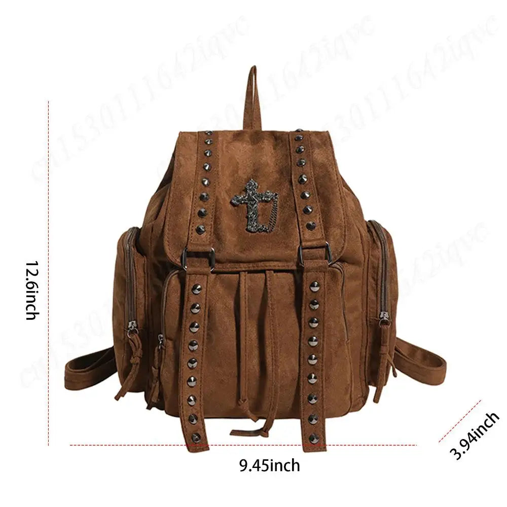 Gothic Punk Backpack Rivets Student School Bag Vintage Duffel Bag with Cross Stud Design Women Large Capacity Travel Bag