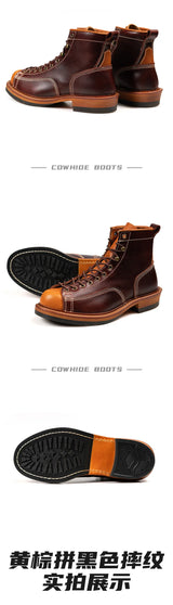 KOWM Hiking shoes men's cowhid boots British leather trekking shoes thick soled ankle sneakers cowhide high top motorcycle boots