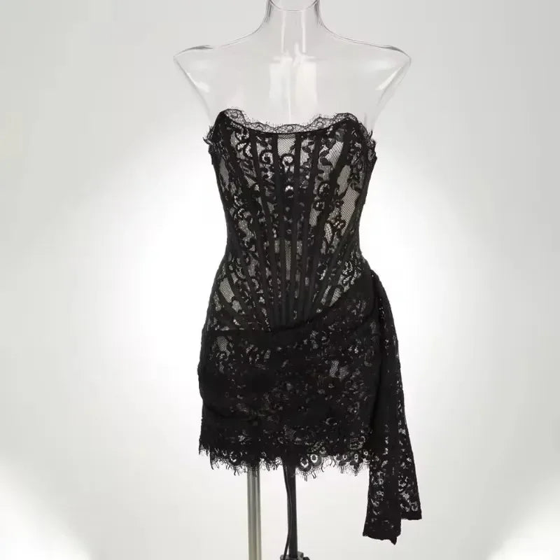 Strapless Lace Mini Dress – Elegant Sheer Patchwork Slim Fit Evening Dress