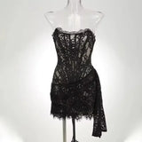 Strapless Lace Mini Dress – Elegant Sheer Patchwork Slim Fit Evening Dress