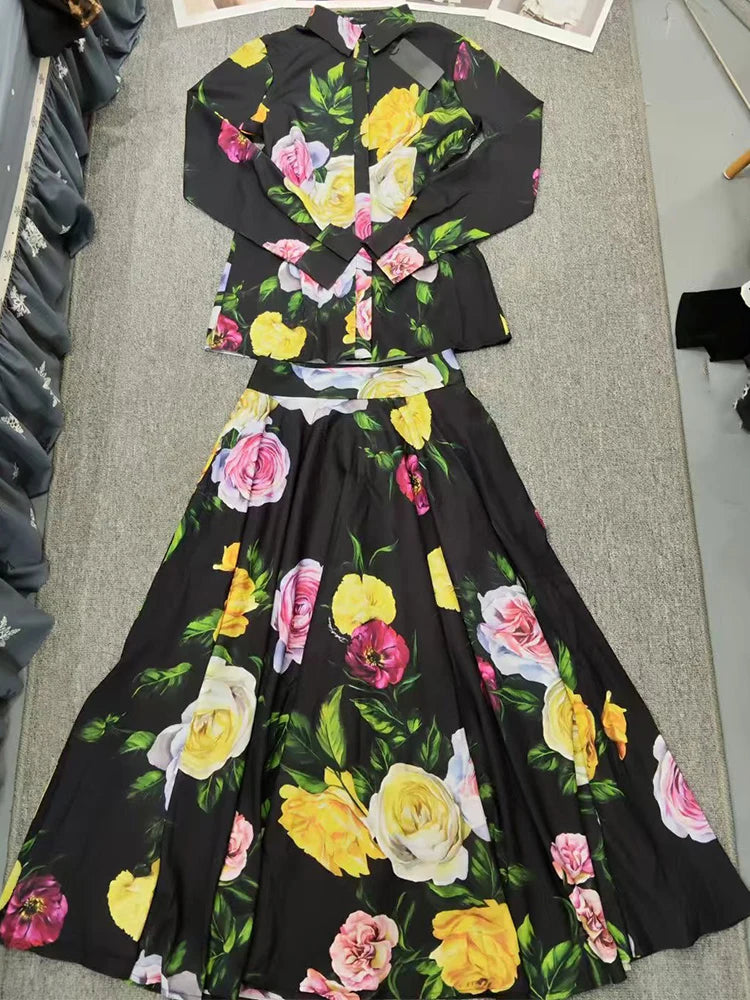 Floral Long-Sleeve Lapel Set