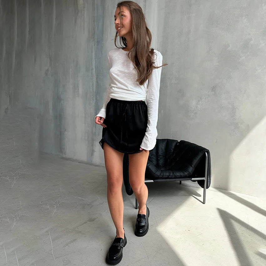 Linad Lace Satin Mini Skirt – Drawstring High Waist