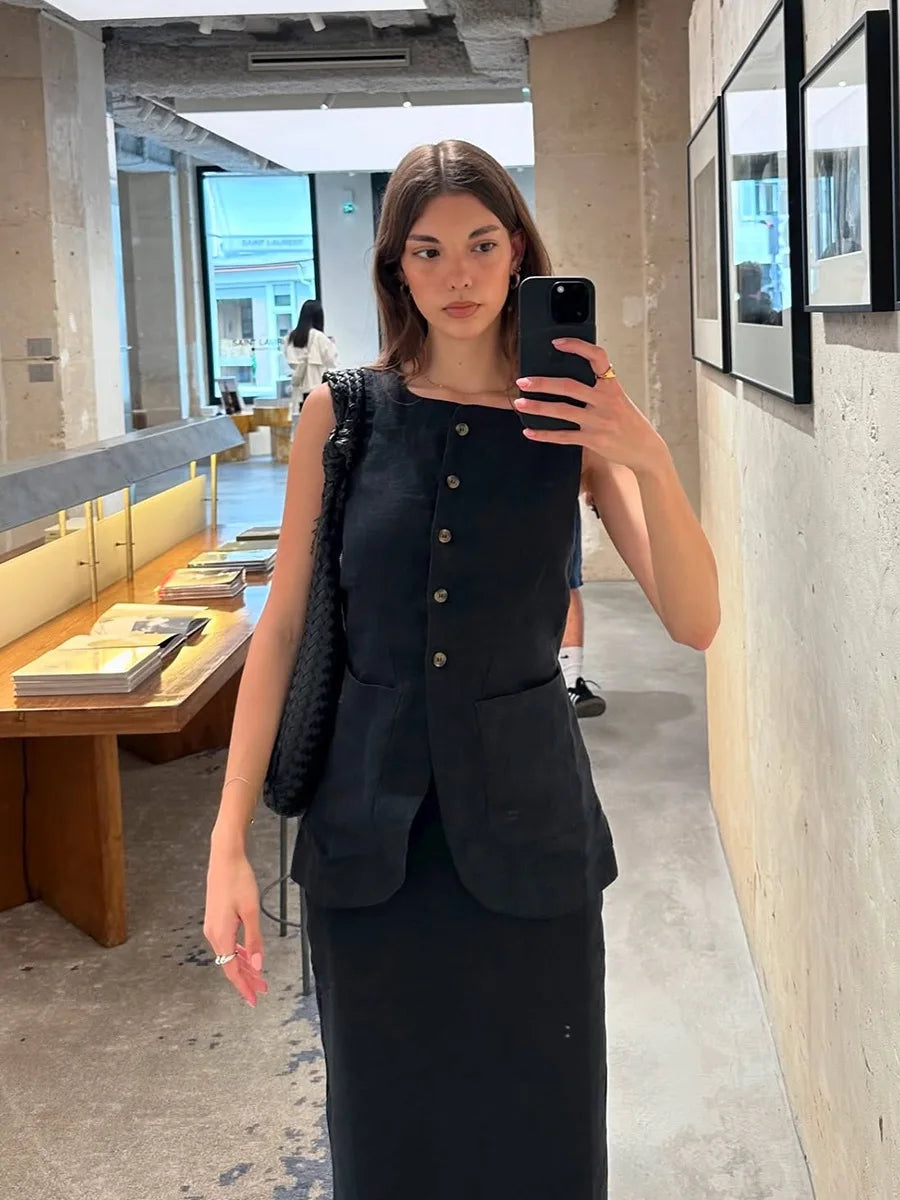 Bornladies Women's Sleeveless Vest High Waisted Skirt Set Spring Summer New Linen Casual Suit Fashion Office Lady Vest Set