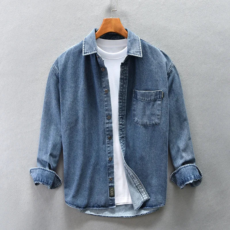Retro American Washed Denim Jacket Loose Casual Long Sleeve Shirt for Men Autumn Fashion Urban Style Cotton Machine Washable