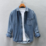 Retro American Washed Denim Jacket Loose Casual Long Sleeve Shirt for Men Autumn Fashion Urban Style Cotton Machine Washable