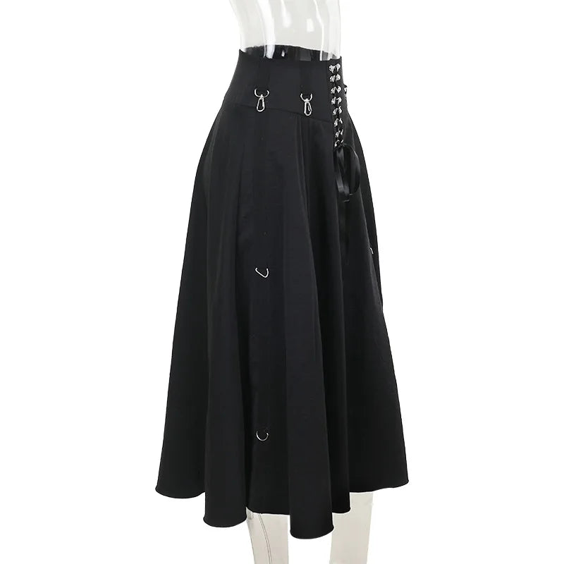 Gothic High-Waist A-Line Midi Skirt | Harajuku Grunge Y2K