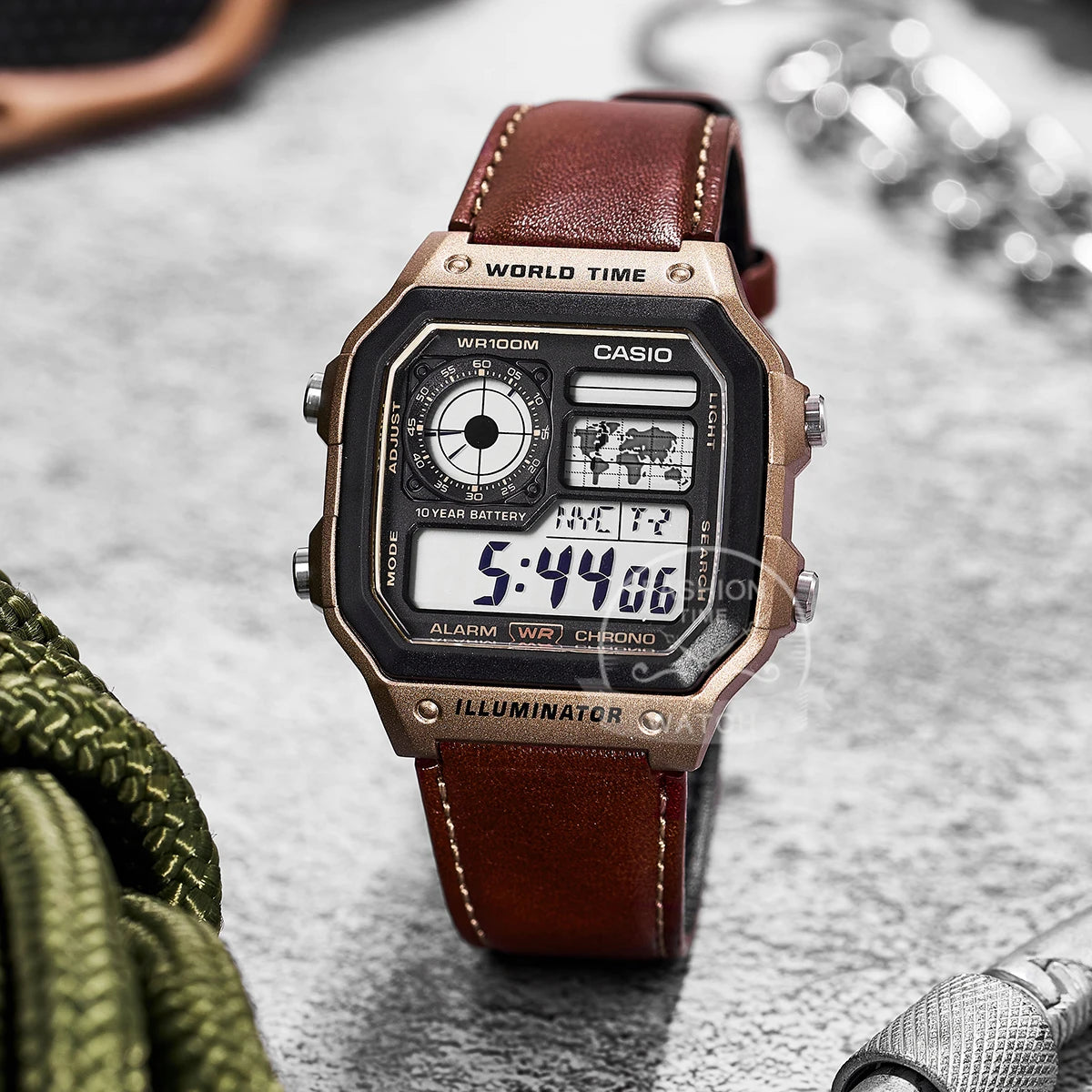 Casio AE-1200WHL-5A Men's Digital World Time Leather Sport Watch