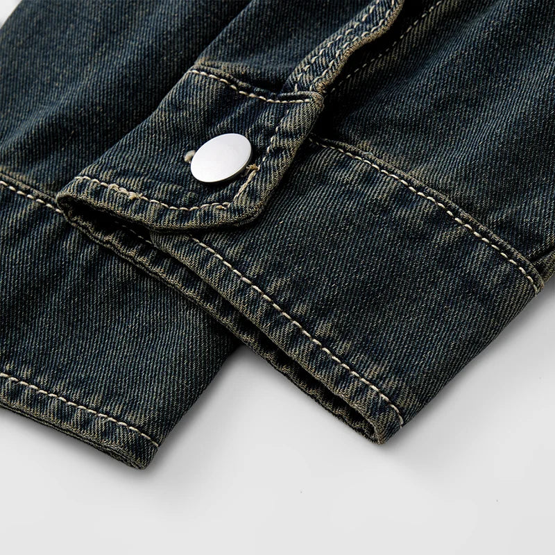 Heavy duty washed denim jacket for men vintage blue lapel long sleeved shirt style jacket casual and loose outer wear