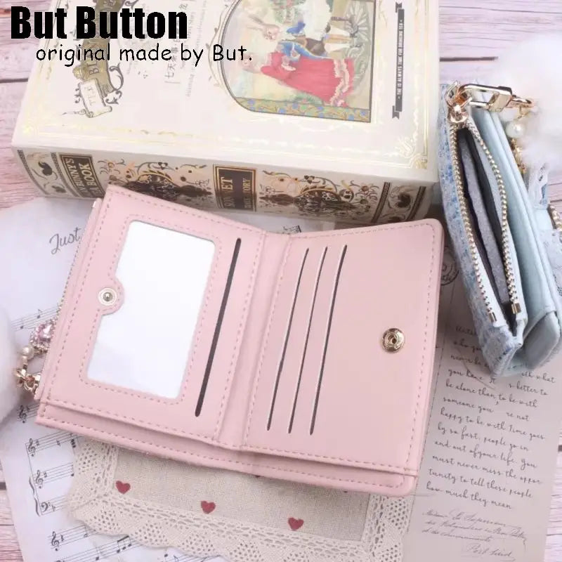 Kawaii Sweet Japanese Lolita Bow Wallet JK Harajuku Y2K Lace Rhinestone Short Wallet Mini Purse Card Holder Women Girls Gift