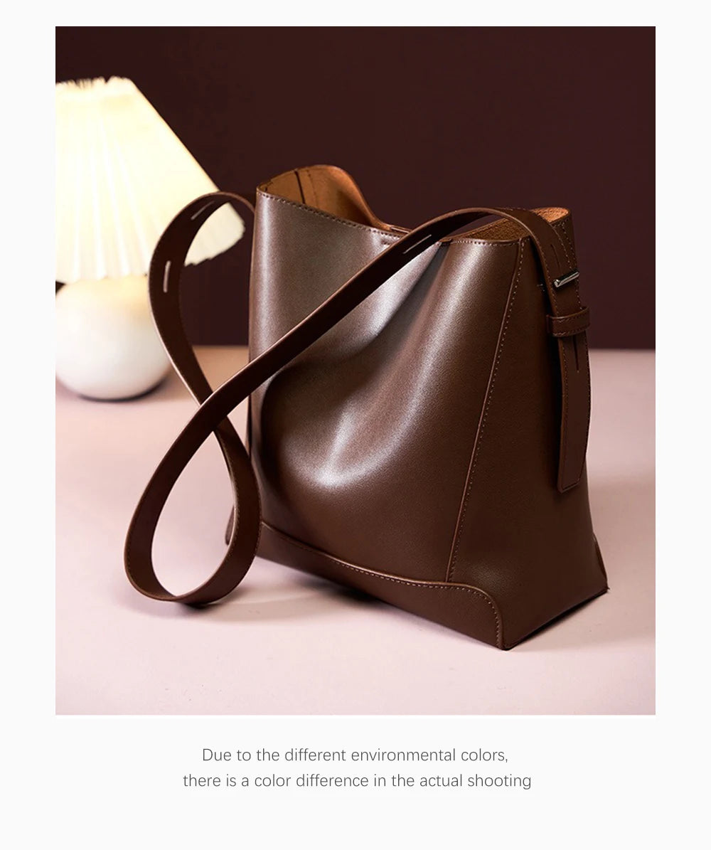 Zency New 2026 TrendyTwo Layer Cow Leather Shopper Shoulder Bag Commuter Large Bucket Handbag Simple High Quality Women Tote Bag