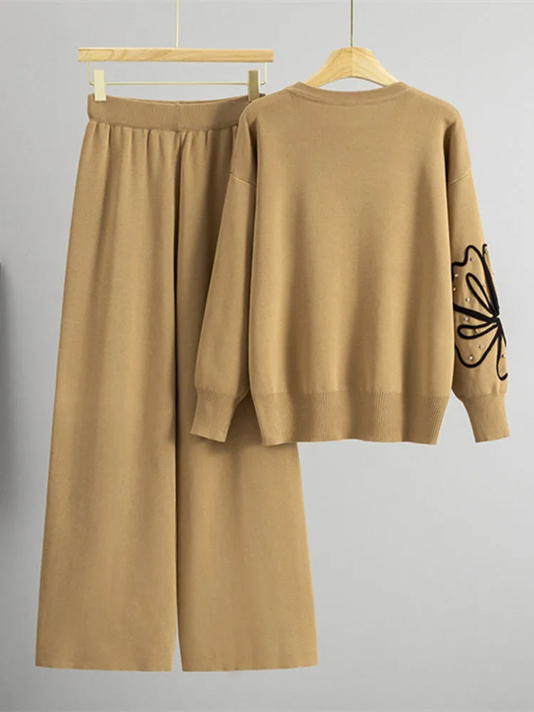 USA-Made Chic Rhinestone Knitted 2-Piece Set – High-Waist Wide Leg Lounge Outfit