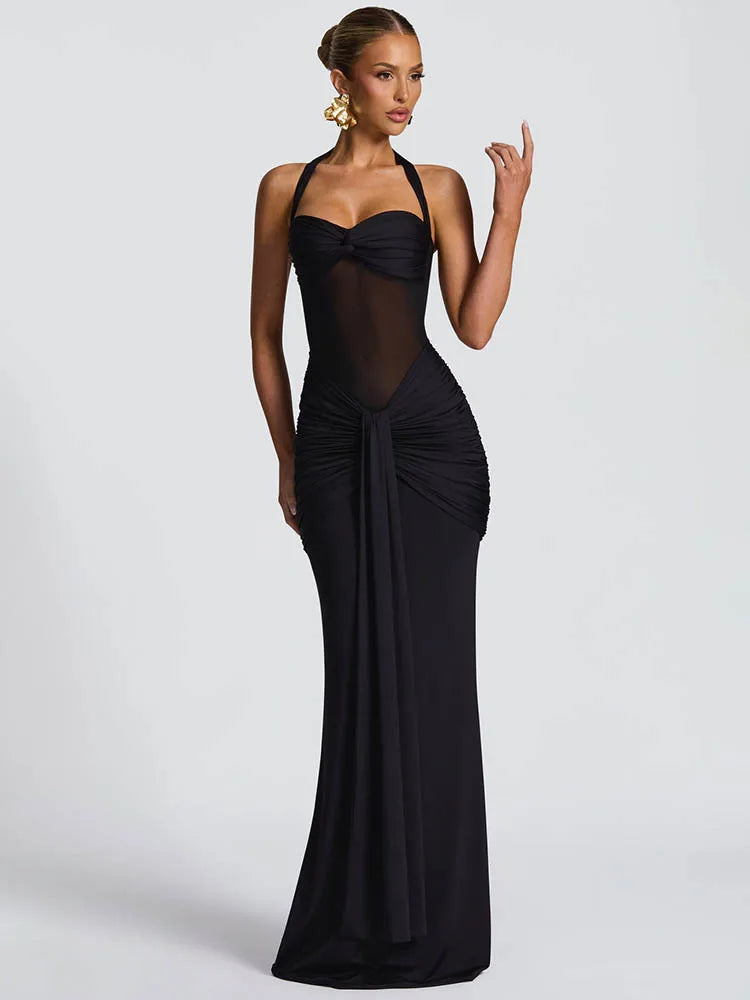 Women’s Halter Backless Maxi Dress – Off-Shoulder Ruched Bodycon Club Party Gown