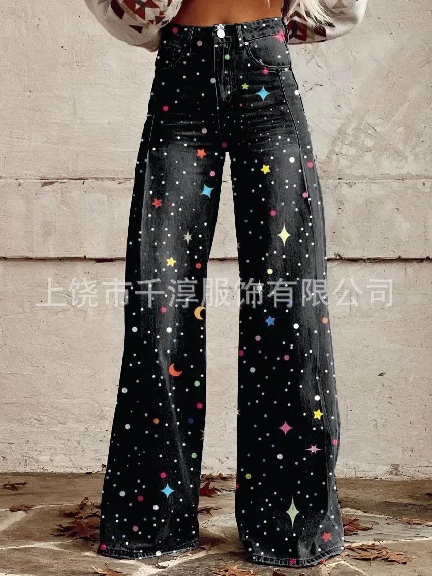Women's 3D Print Wide-Leg "Jeans" – Trendy Low-Waist Flare Pants
