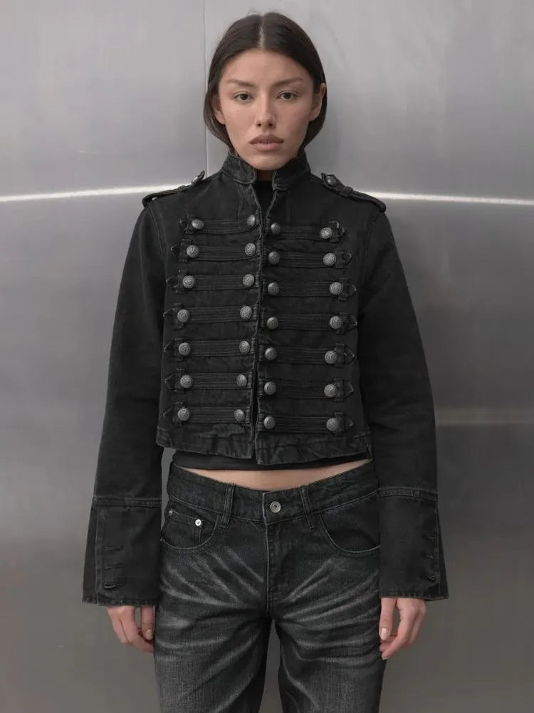 Y2K Retro Hussars Jacket Stand Collar Double Breasted Button Cropped Jacket Napoleon Old Money BLK Denim Jacket Women Boxy Coat