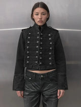 Y2K Retro Hussars Jacket Stand Collar Double Breasted Button Cropped Jacket Napoleon Old Money BLK Denim Jacket Women Boxy Coat