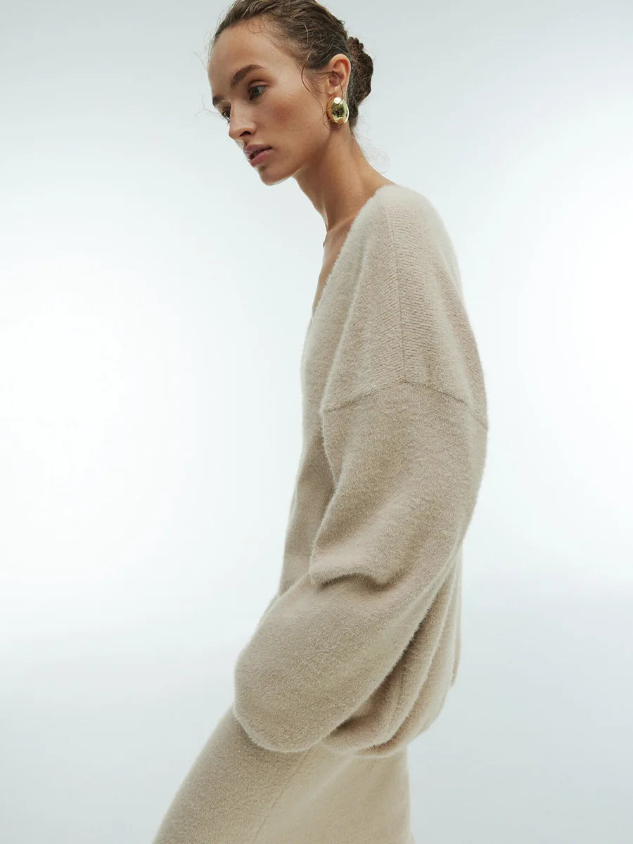Women's V-Neck Knitted Sweater & Ankle-Length Skirt 2-Piece Set