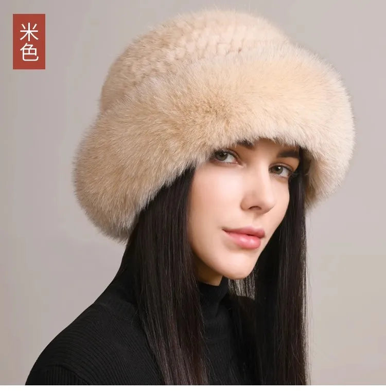 Genuine Knitted Mink Fur Hat with Fox Fur Brim